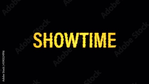 Show Time  glitch text effect cimematic title yellow light animation. element for Isolated transparent video animation text with alpha channel using Quick time prores 444