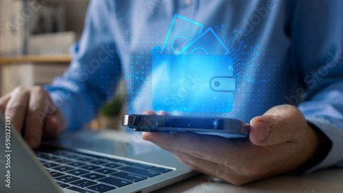 Digital wallet icon.Businessman shopping online with digital currency wallet. Mobile banking, online finance, e-commerce. Dollar, euro, yen, yuan and pound icons. photo