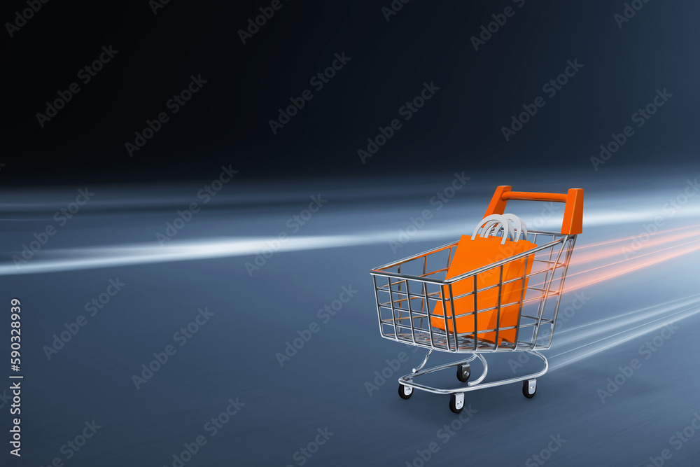 Metal shopping cart on dark background 3d illustration