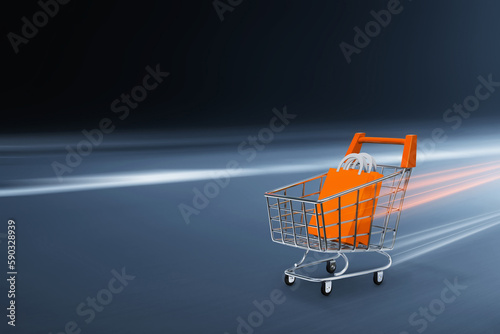 Metal shopping cart on dark background 3d illustration