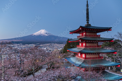 桜の咲いた朝倉山浅間公園忠霊塔から富士山と桜