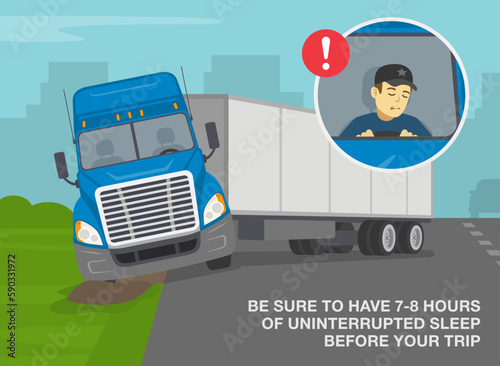 Heavy vehicle driving rules and tips. Semi-trailer loses control and gets stuck after driver falling asleep while driving. Flat vector illustration template.