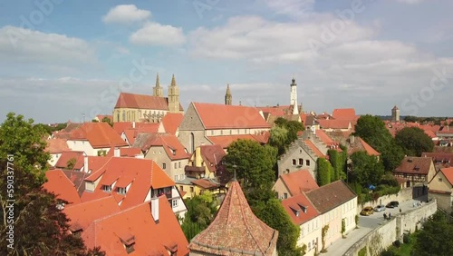 Rothenburg ob der Tauber Bavaria Germany reverse drone aerial view.old city tour
