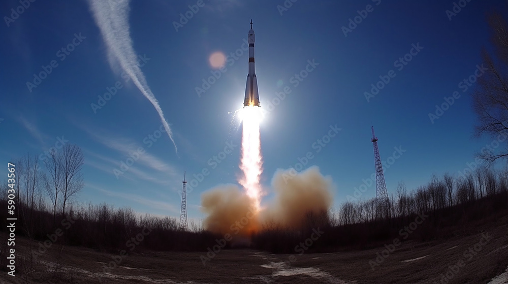 Space exploration launch. A rocket with a plume of smoke and a forceful explosion ascends into the extraterrestrial reaches under a bright blue sky. Space mission begins with a victorious start.