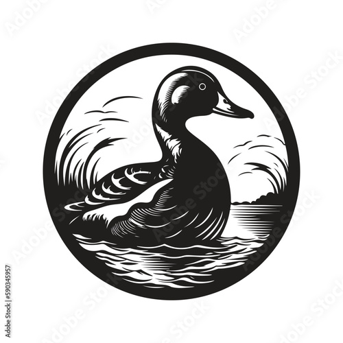 duck, vintage logo concept black and white color, hand drawn illustration