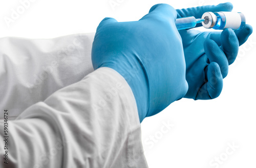 A doctor hand holds injection or vaccination with syringe