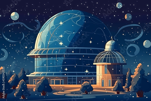 A planetarium with a starry sky and telescopes. generative AI photo