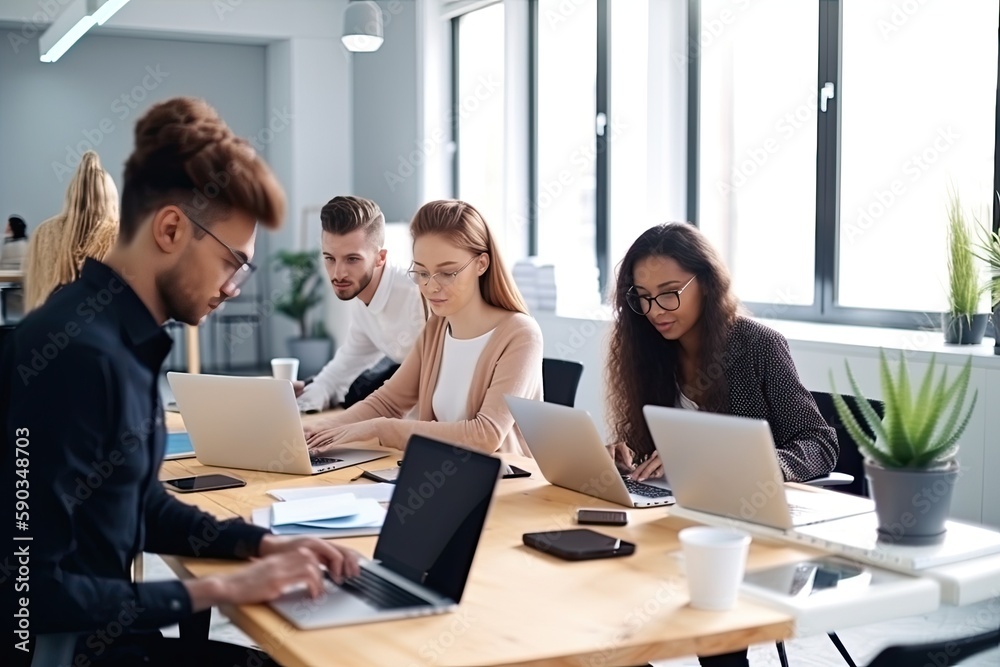 Diverse group of professionals collaborate on a project working together. Generative AI Diverse group of professionals collaborate on a project working together. Generative AI