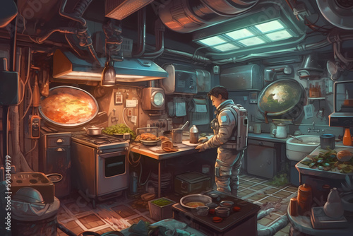 An astronaut cooking a meal in their space station. generative AI
