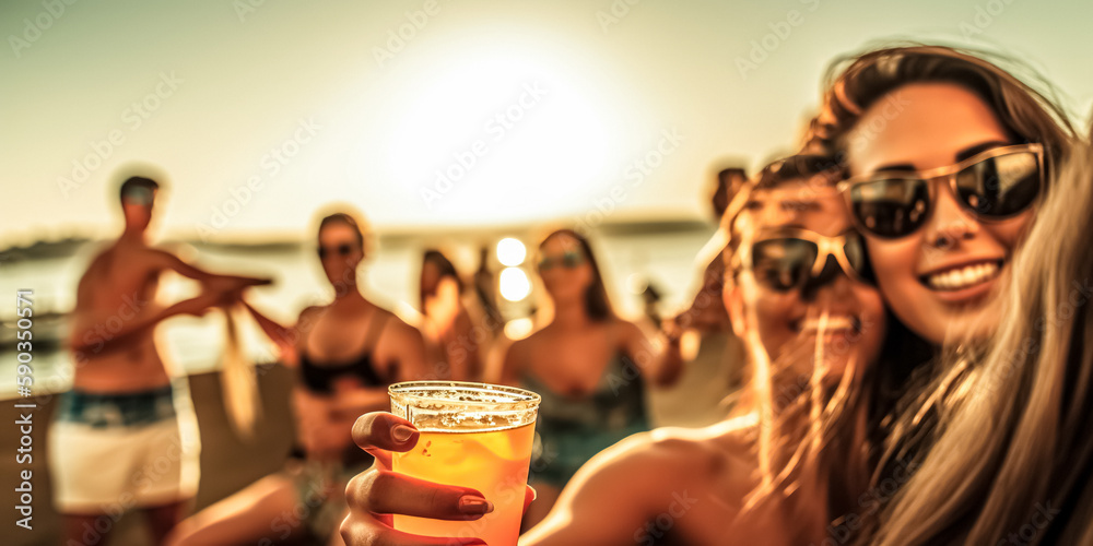 Happy Blurred friends cheering drinks in patio cocktail bar on the beach. Young people celebrating summertime party holding cocktail glasses outside. Summer vacations, lifestyle concept. digital ai Happy Blurred friends cheering drinks in patio cocktail bar on the beach. Young people celebrating summertime party holding cocktail glasses outside. Summer vacations, lifestyle concept. digital ai