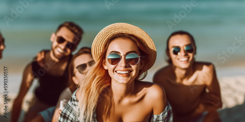 Party beach. Happy young people having sunset beach party in summer vacation. Bokeh People have fun at on a beach. Young people celebrating summertime party, digital ai