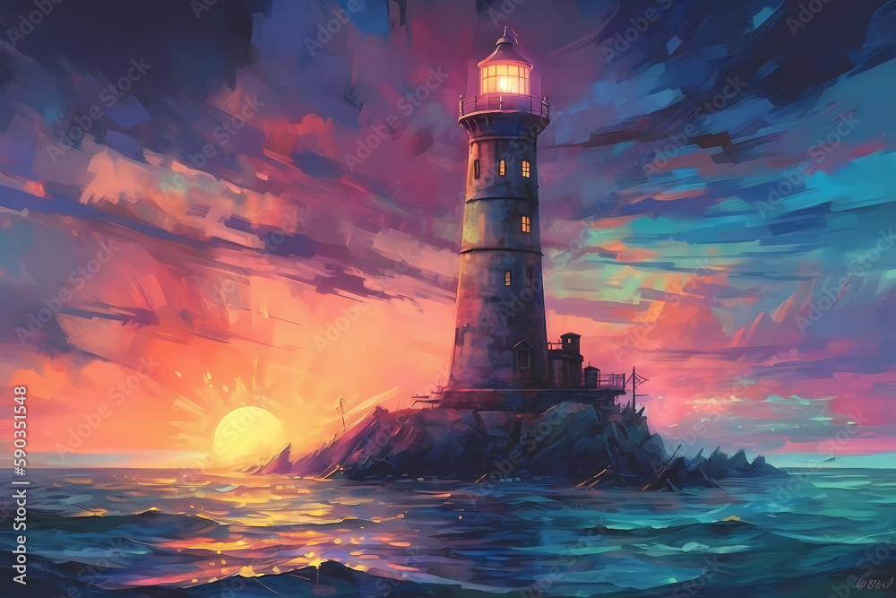 lighthouse tower, in the style of nightcore, bright backgrounds. generative AI