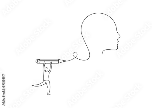 Abstract man drawing a silhouette of a human head. Flat vector linear illustration. The concept of creativity, self-expression, self-portrait.