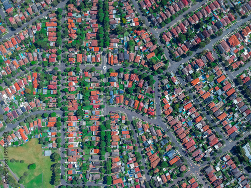 Drone Aerial view of Suburban federation residential house in Sydney NSW AustraliaDrone Aerial view of Suburban federation residential house in Sydney NSW Australia