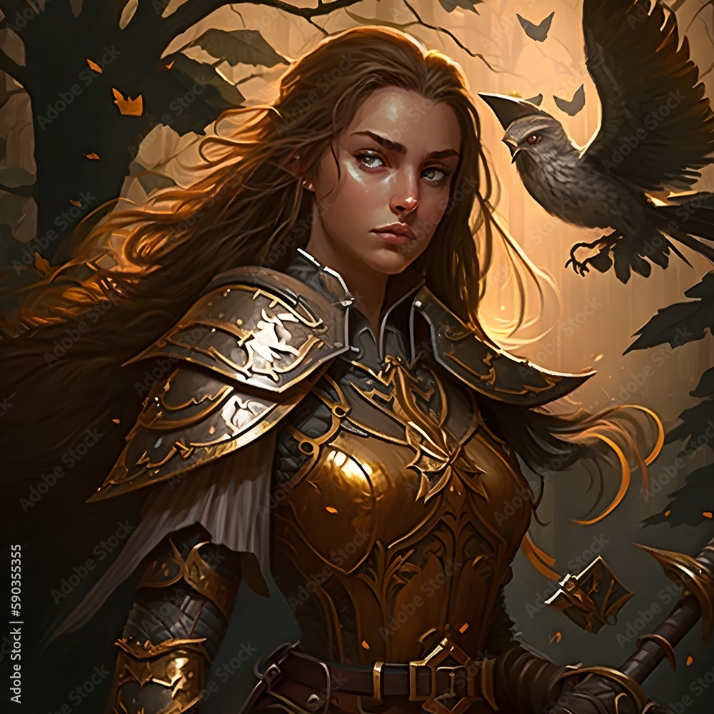 Fullshot highangle DnD 5e beautiful female Aasimar Paladin with golden