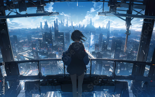 looking out at a futuristic cityscape, anime style. generative AI