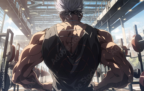 muscular back in the gym, anime style. generative AI