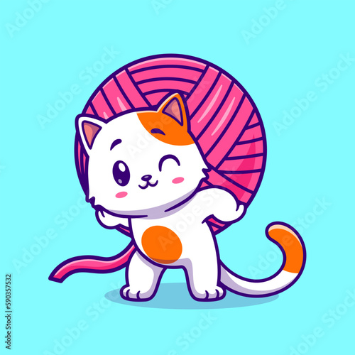 Cute Cat Bring Yarn Ball Cartoon Vector Icon Illustration. Animal Nature  Icon Concept Isolated Premium Vector. Flat Cartoon Style