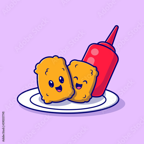 Cute Nuggets Smile With Sauce Cartoon Vector Icon Illustration. Food Object  Icon Concept Isolated Premium Vector. Flat Cartoon Style