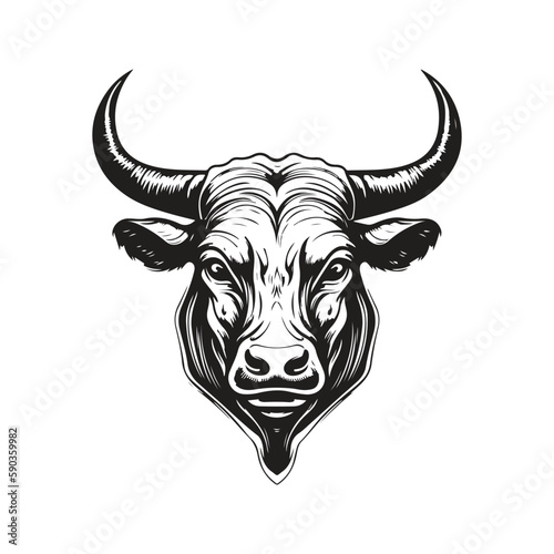 long horn bull, vintage logo concept black and white color, hand drawn illustration