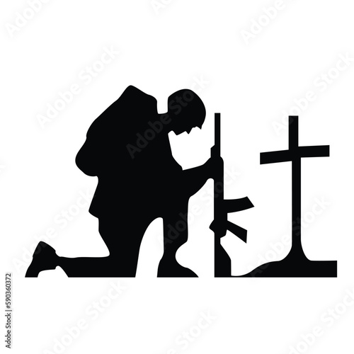 silhouette soldier kneeling next grave vectror