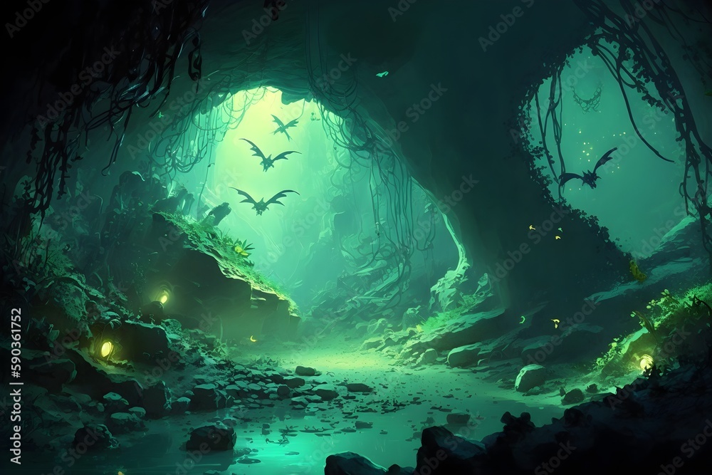 huge underground cavern with hundreads of tiny bats flying torch lights