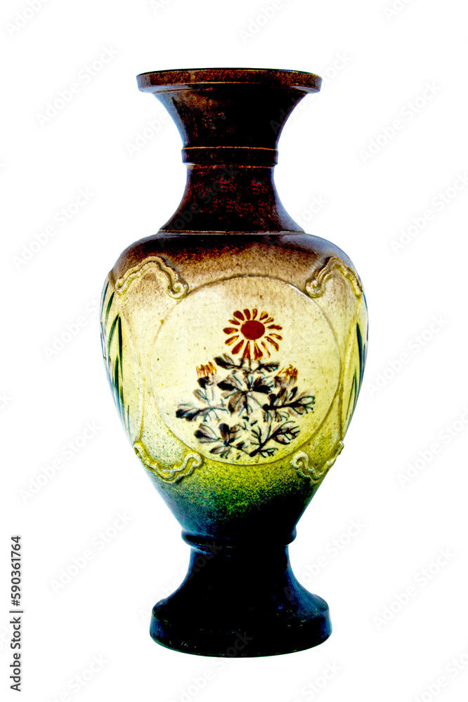 Yellow and black Decorative classic style Ceramic Vase isolated on a transparent background. PNG image.