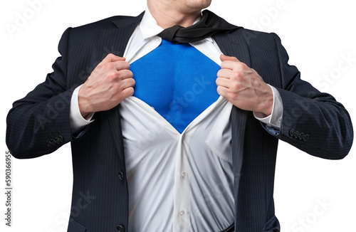 Businessman tears shirt on himself to show that he is Superman isolated on white background