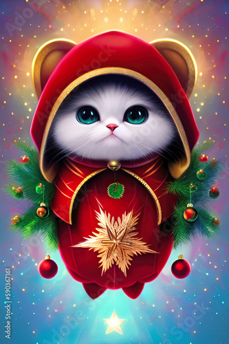 Cute Christmas cat character with white fur and dressed in a red costume with a hood stands against a space starburst background. Festive generative AI illustration.