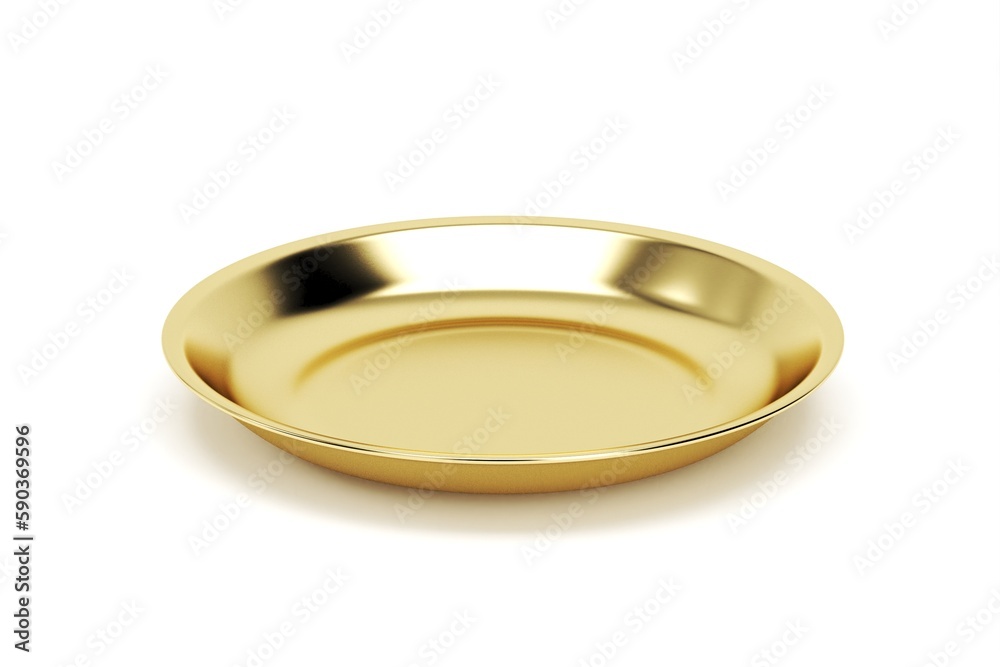 3D Render of empty golden cloche, empty golden plate, Metal plate isolated over white background 3D Render of empty golden cloche, empty golden plate, Metal plate isolated over white background