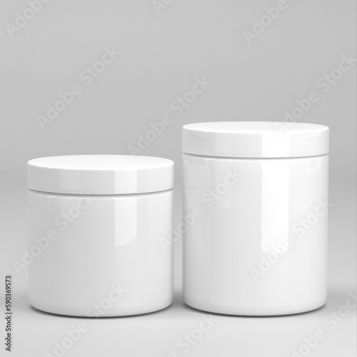 Two Round glossy white plastic cosmetic jars with lids for body cream, gel, butter, bath salt, and skin care, are isolated on white background. Realistic cosmetics packaging mockup template. 3D Render