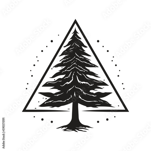 pine tree, vintage logo concept black and white color, hand drawn illustration