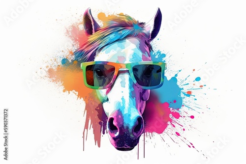 horse in sunglasses realistic with paint splatter abstract  