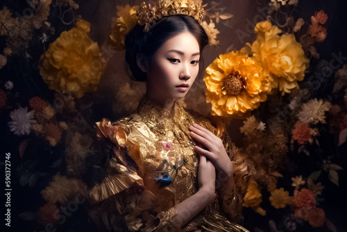 Japanese woman in angura kei gold floral dress, intricate design, vibrant flower, dark orange and light gold colors. generative AI