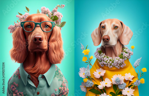 Cute dogs wearing in clothes. Background with flowers, collection	
