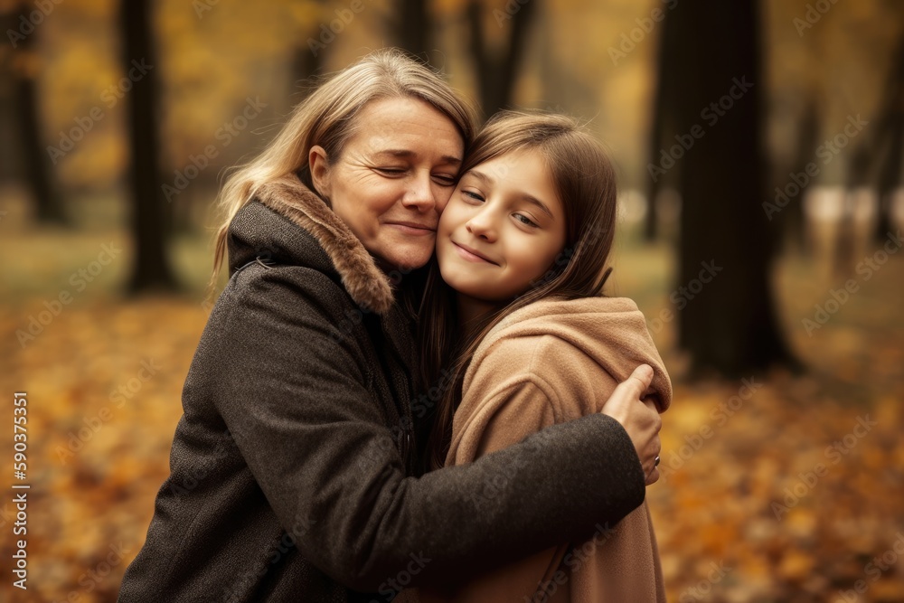 Happy Mature woman embracing her daughter in a park. Generative AI Happy Mature woman embracing her daughter in a park. Generative AI