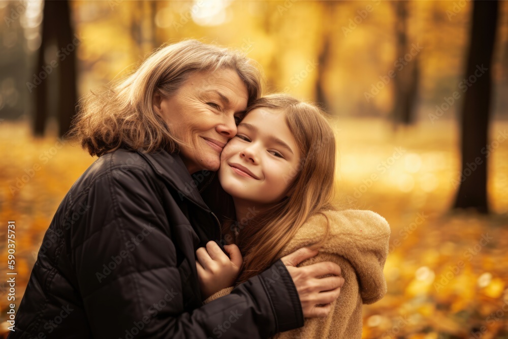 Fototapeta premium Happy Mature woman embracing her daughter in a park. Generative AI