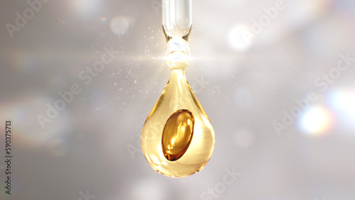 Gold collagen luxury droplet oit from dropper with particle glow background.3D rendering beauty and cosmetic conceptual. photo
