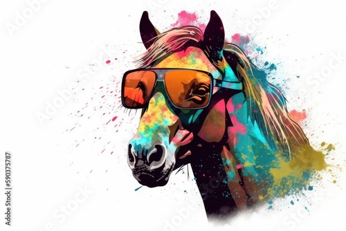 horse in sunglasses realistic with paint splatter abstract © PinkiePie