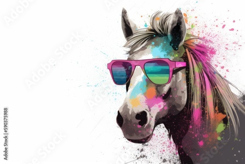 horse in sunglasses realistic with paint splatter abstract 