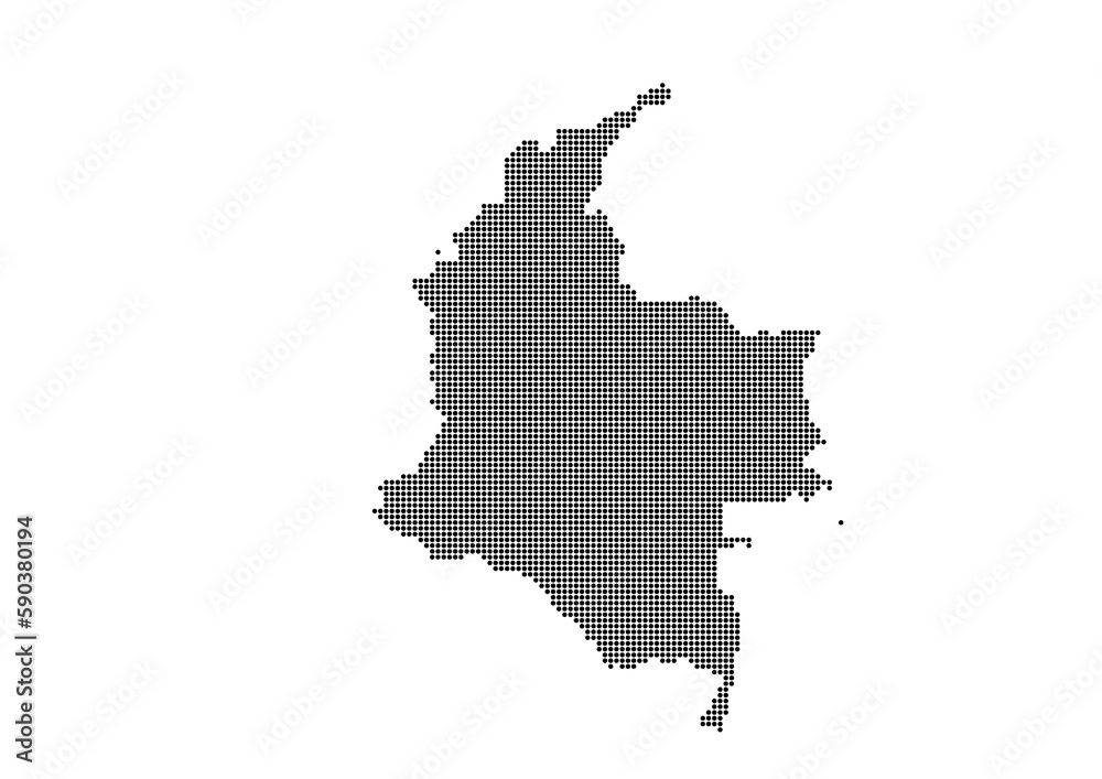 An abstract representation of Colombia,Colombia map made using a mosaic of black dots. Illlustration suitable for digital editing and large size prints. 