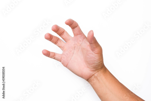 Close up of male hand reaching out ready to help or receive isolated on pink background. Helping hand outstretched for salvation.