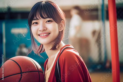 Basketball girl, an Asian sportswoman in red sportswear at a Basketball court with Highlight on her. generative AI © Surachetsh