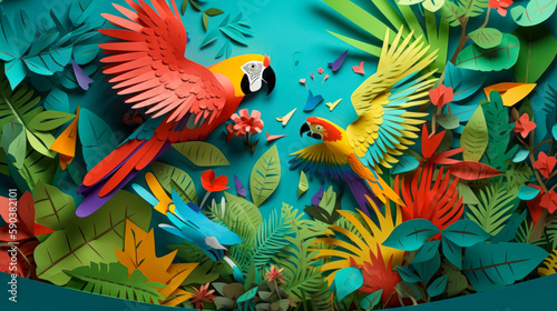 Macaw in flight Kirigami paper art: Create a macaw in flight that the sky and the surrounding jungle foliage to create a paper layered effect