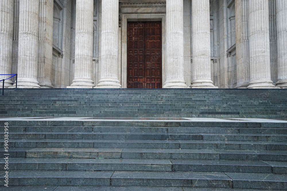Exterior architecture and design of European building decorated with wide stair steps Exterior architecture and design of European building decorated with wide stair steps