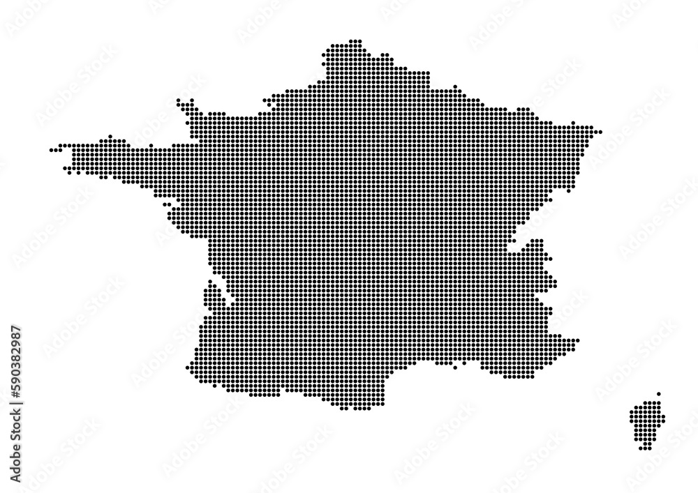 An abstract representation of France,France map made using a mosaic of black dots. Illlustration suitable for digital editing and large size prints. 