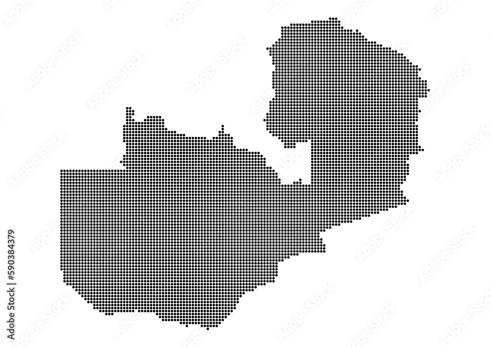 An abstract representation of Zambia,Zambia map made using a mosaic of black dots. Illlustration suitable for digital editing and large size prints. 