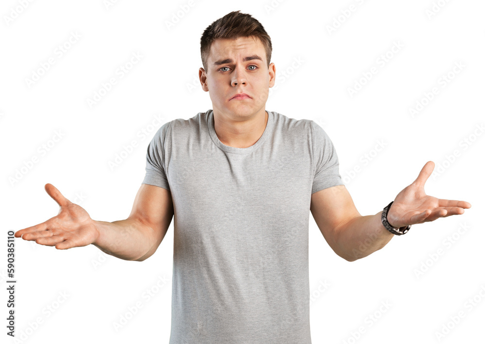 Portrait young man shrugging shoulders
