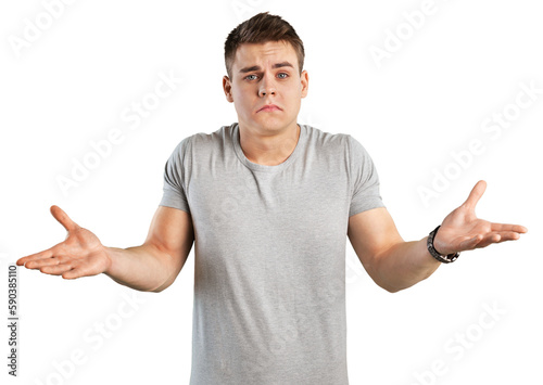 Canvastavla Portrait young man shrugging shoulders