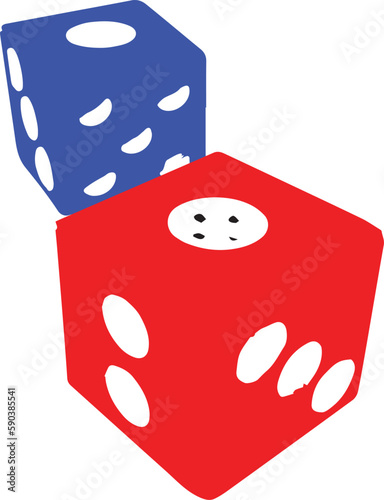 Vector illustration of red and blue dices with white dots on a transparent background.  The dices are shown with their corresponding numbers facing up.